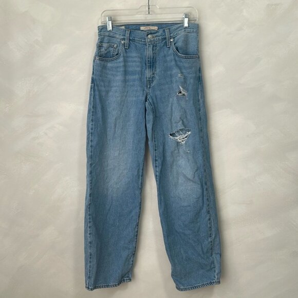 Levis Baggy Dad Women’s Jeans medium blue Wash Size 25 distressed ripped - Picture 2 of 9